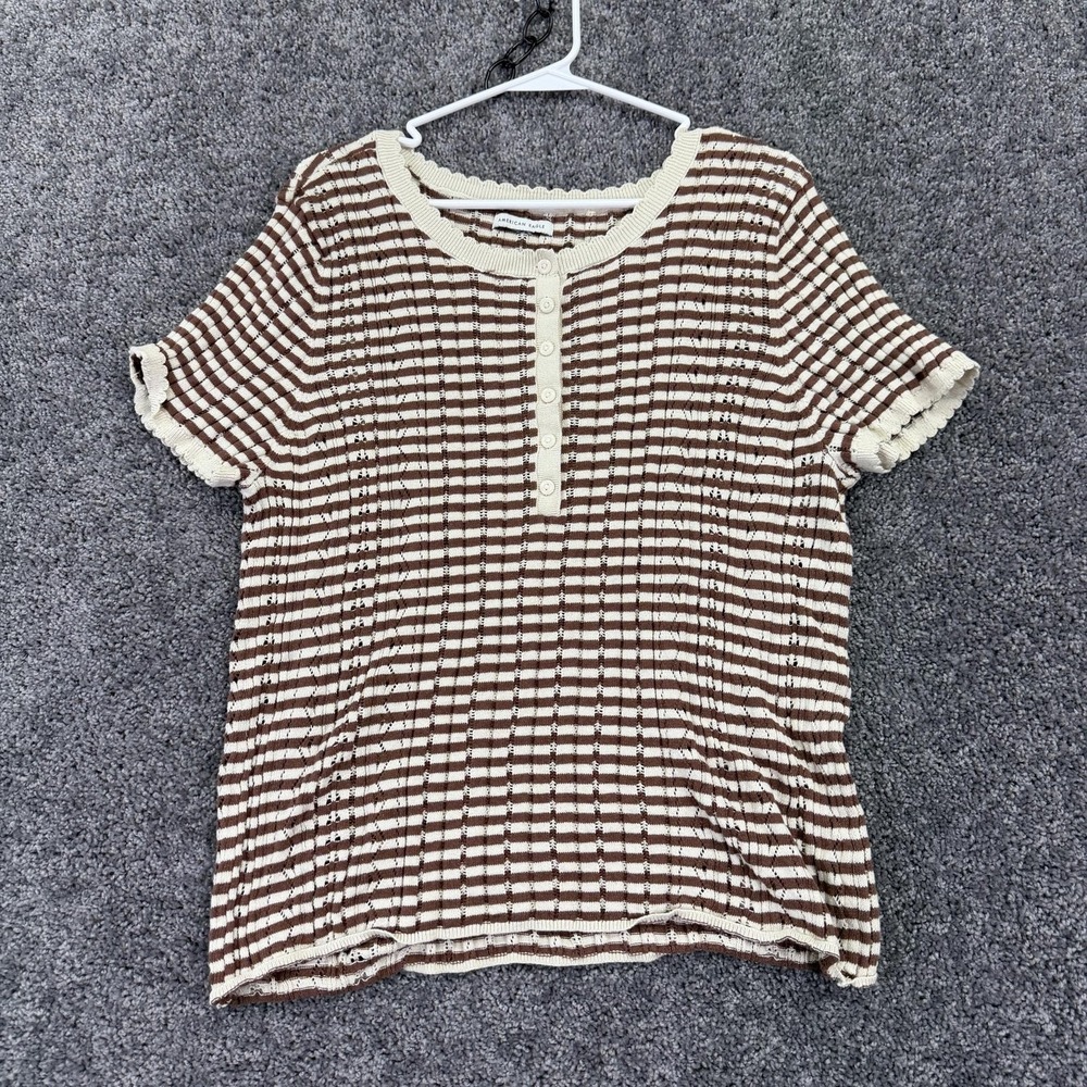 American Eagle Sweater Womens XXL Brown Striped Henley Ruffle Knit Top Casual